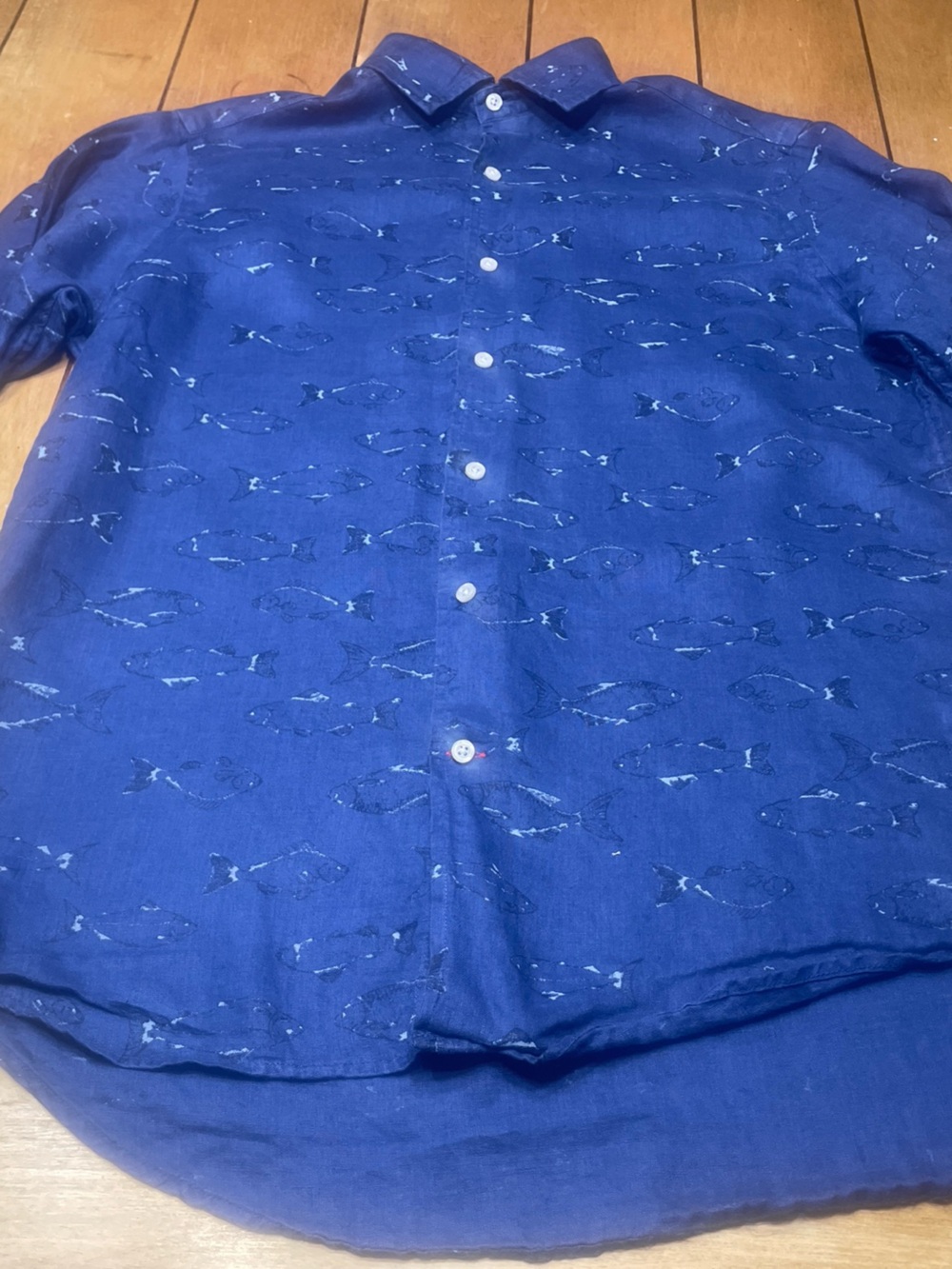Daniel Cremieux Blue Fish-Print Casual Button Up Shirt 100% Linen Size Medium